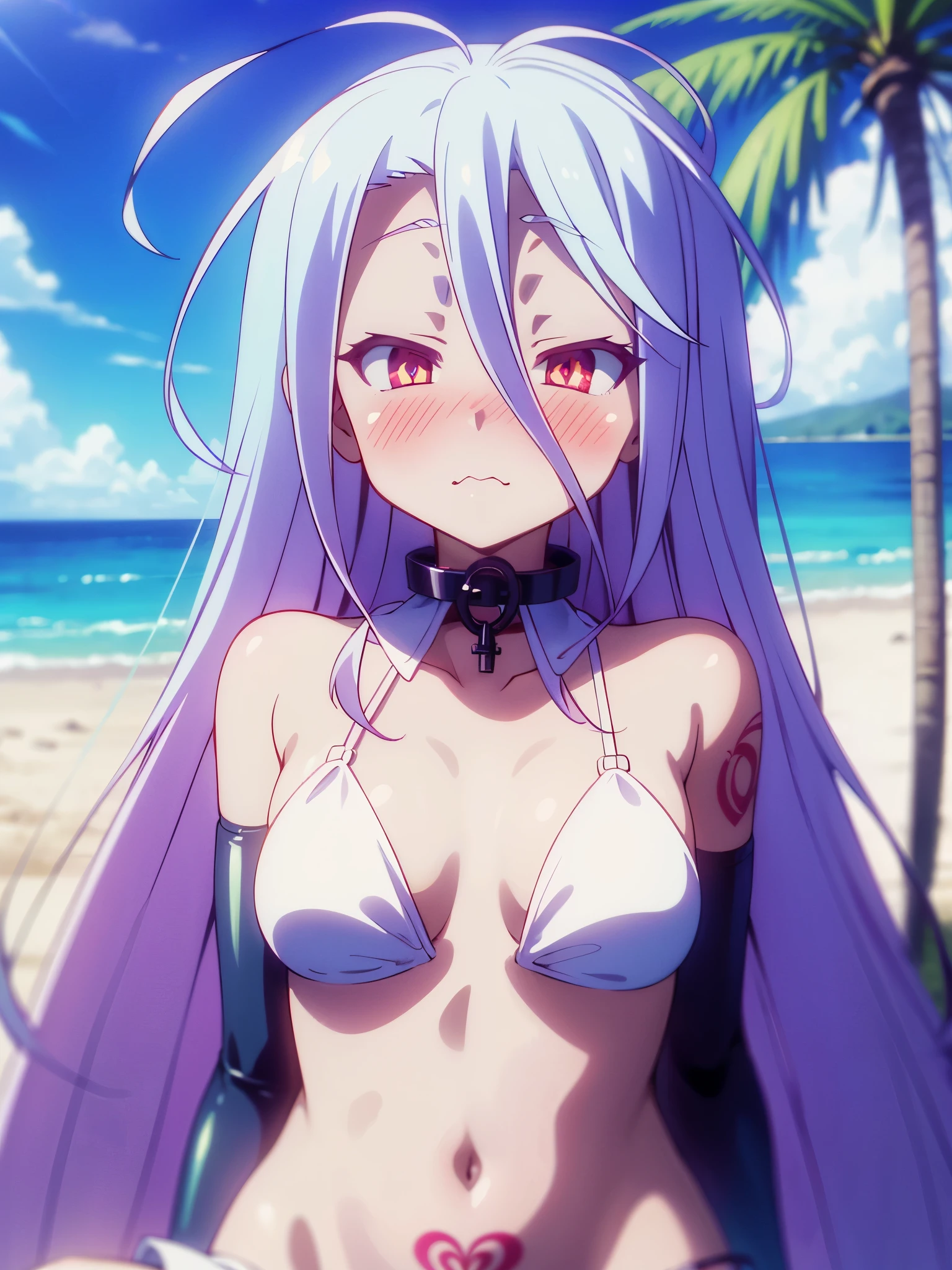 NSFW、Long Hair、とてもLong Hair、Hair between the eyes、Red eyes、Bright pupils、Multicolored eyes、Multicolored Hair,Small breasts,Cross halter bikini,Tattoo,(Iron Collar:1.5),(Perfect hands),(Perfect Anatomy),(masterpiece),(highest quality),(Embarrassed:1.5),blush,Feeling embarrassed,(Ecstasy face:1.5),beach,Palm tree,Rock Shade,(whole body:1.5),Lying down,Lying on your back