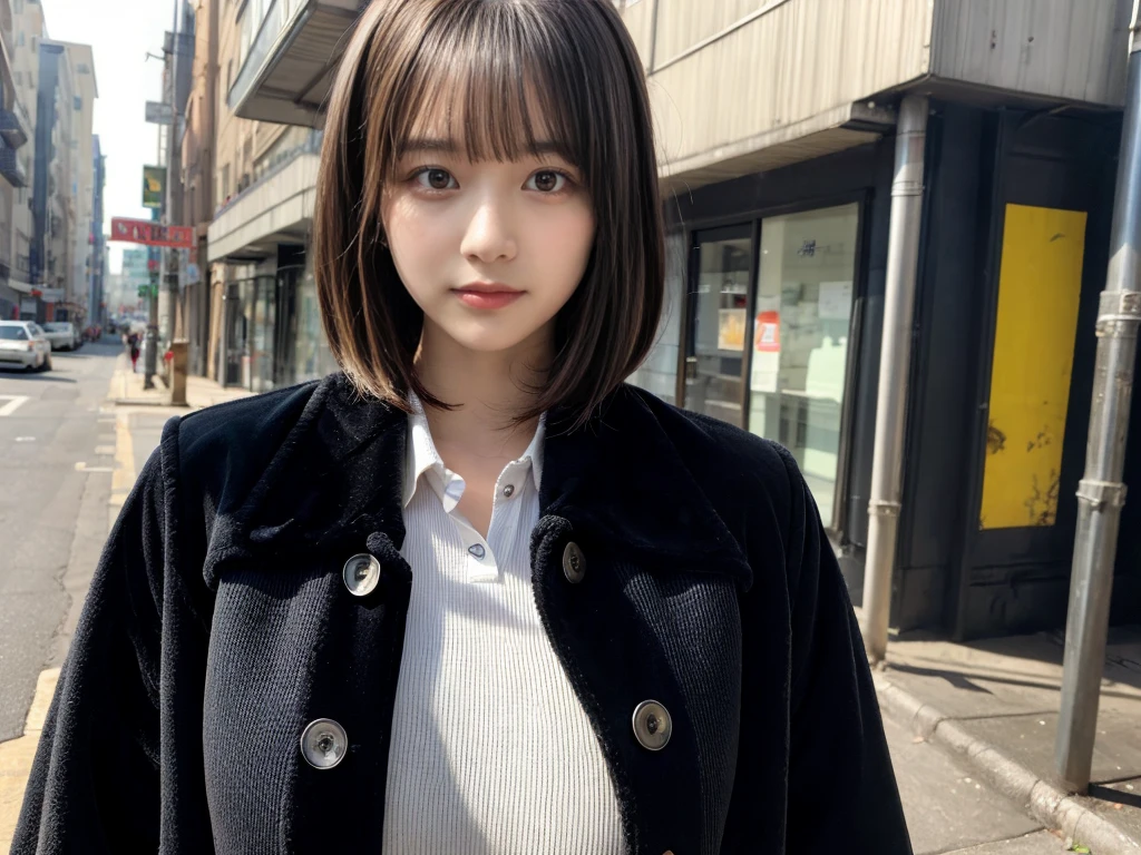 With bangs,Beautiful black hair,Woman with straight medium bob cut,huge breasts,,21-year-old female,(((No hat))),Aspacarina,((Shy expression)), large breasts, expresses the roundness and softness of your chest, Don't expose it,Very beautiful eyes, ,(((Wearing a tattered black coat))),,(make:1.4),Big eyes,Hip Hop Dancer,Gangster style long pants,8k,High resolution,Gangster style,(head shot:1.5)