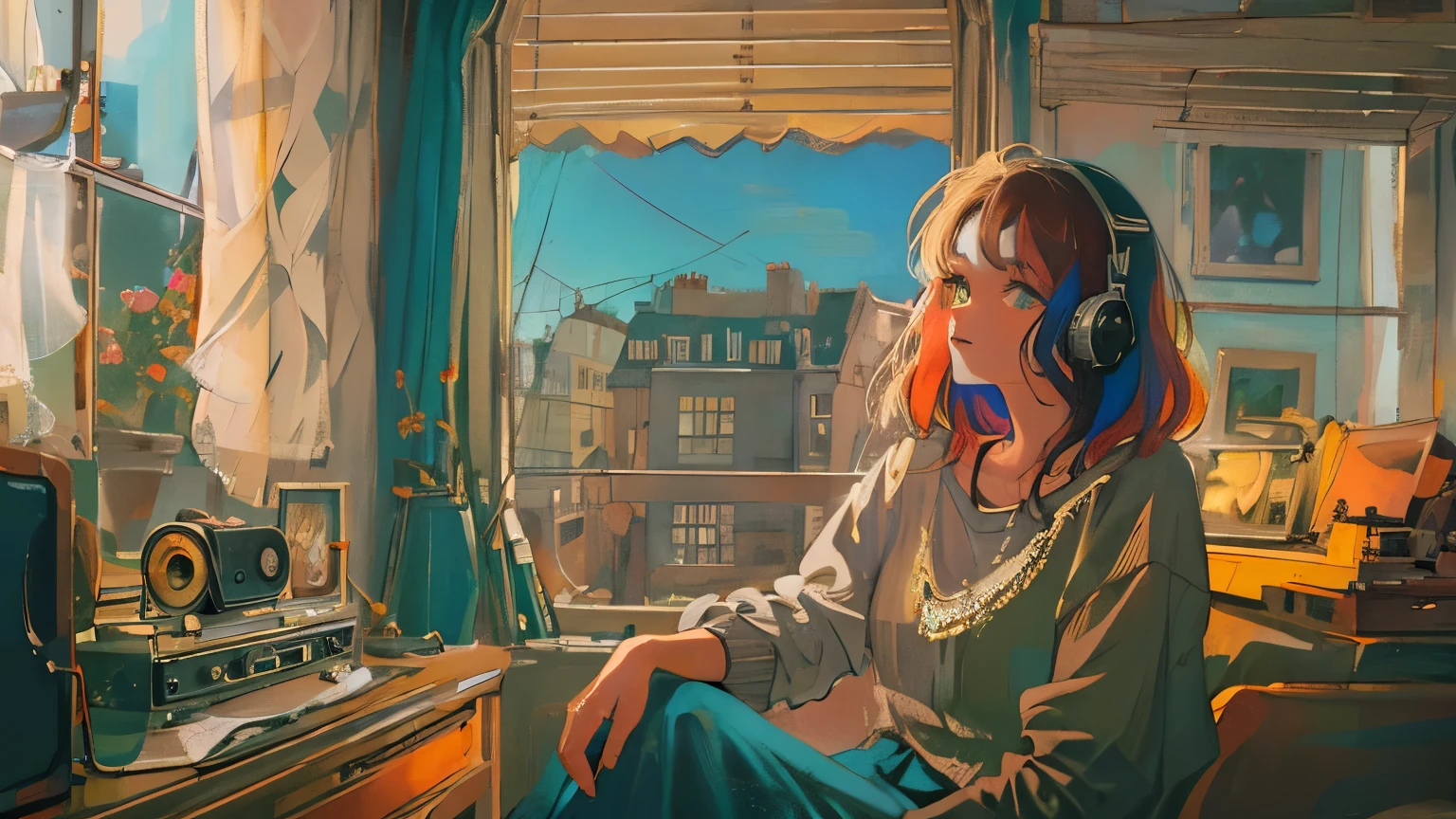 ((Masterpiece, top quality)),a woman sitting by the window of an old apartment enjoying LOFI music from a vintage record player, a young woman in casual, colorful clothes, nostalgic and dramatic mood.