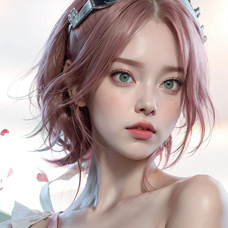 young woman, short shoulder-length pink hair, wide forehead, porcelain skin, pink eyebrows, big emerald green eyes, buttoned nose, full lips, heart-shaped face, slender body, small breasts, red tank top, Sakura Haruno , realistic, realism, details, 3d, well detailed
