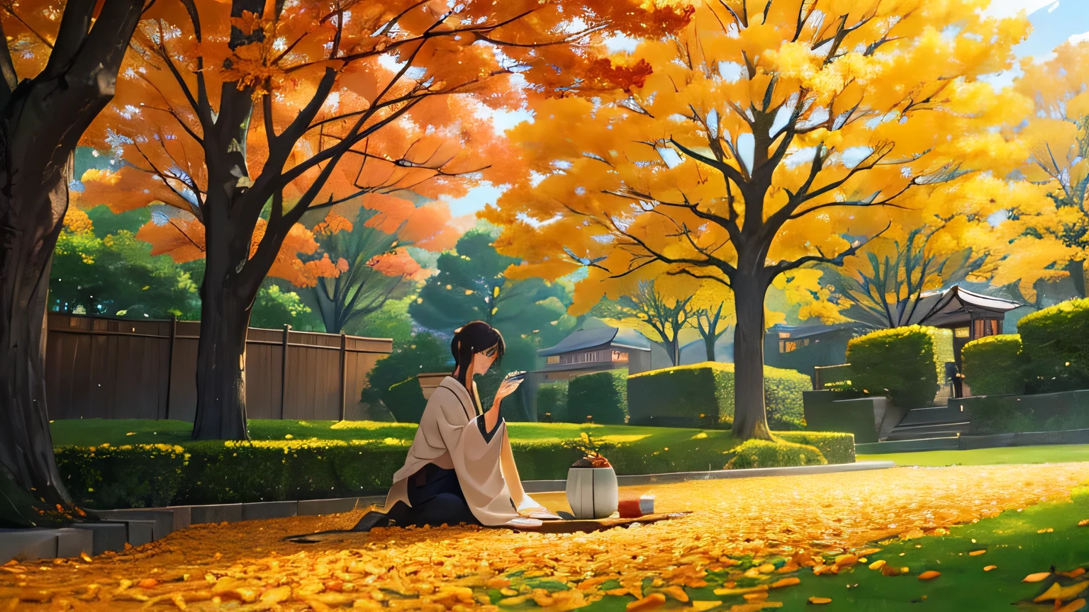Autumn scenery，The photo requires sky and lawn，Ginkgo leaves are falling into the sky，Golden ginkgo biloba，Leaves fall，Woman drinking coffee、Japanese anime style