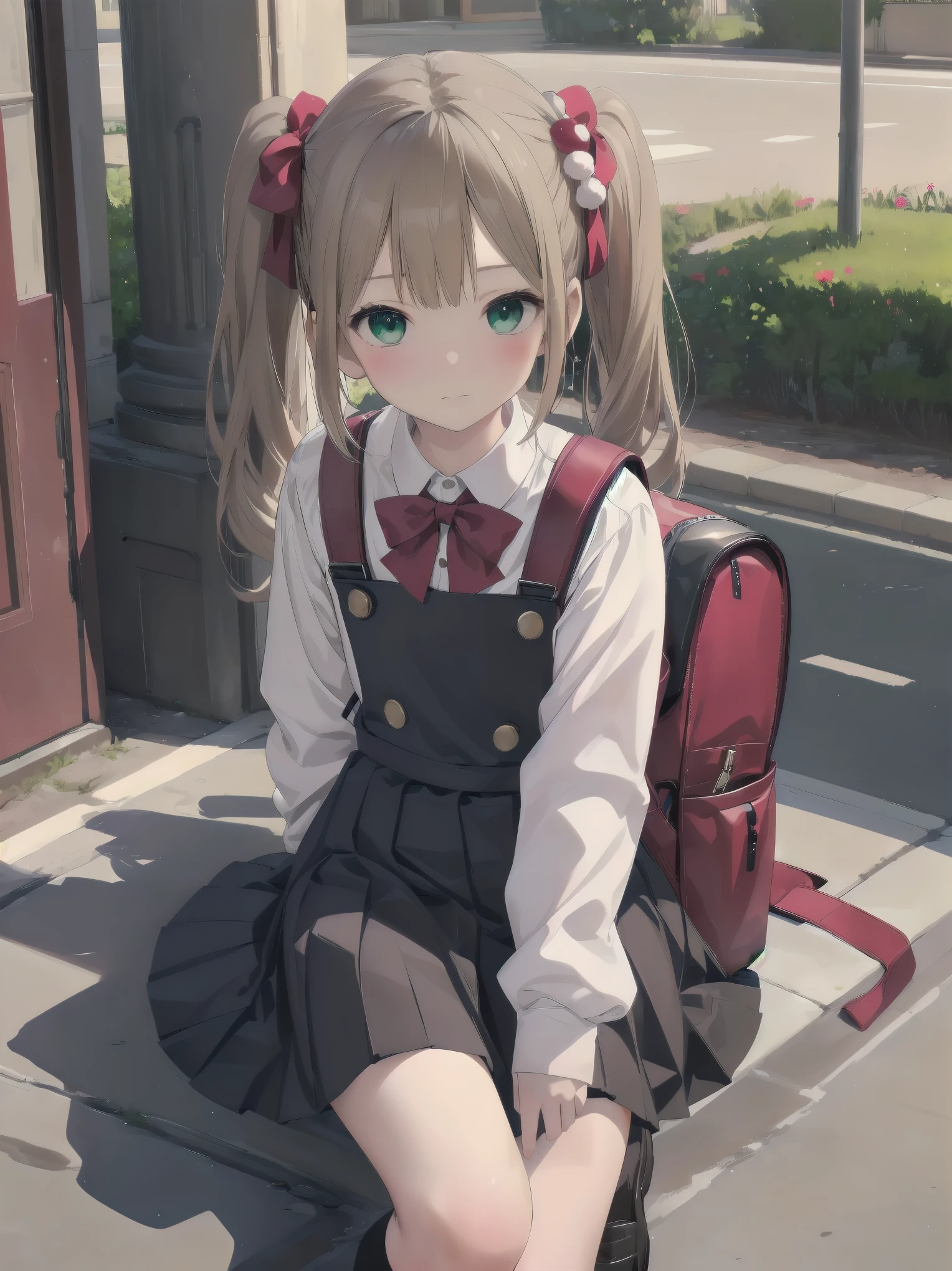 1girl,best quality,ultra-detailed,high resolution,(photorealistic, realistic, photo-realistic:1.2),(9 yo,flat chest),bangs,(smile:0.3),,shigure ui (vtuber),aged down,,backpack,bag,bangs,black dress,black footwear,blush,pom pom hair ornament,collared shirt,green eyes,kneehighs,light brown hair,loafers,long sleeves,pinafore dress,pleated dress,randoseru,red bow,,sleeveless dress,twintails,white legwear,white shirt,anime