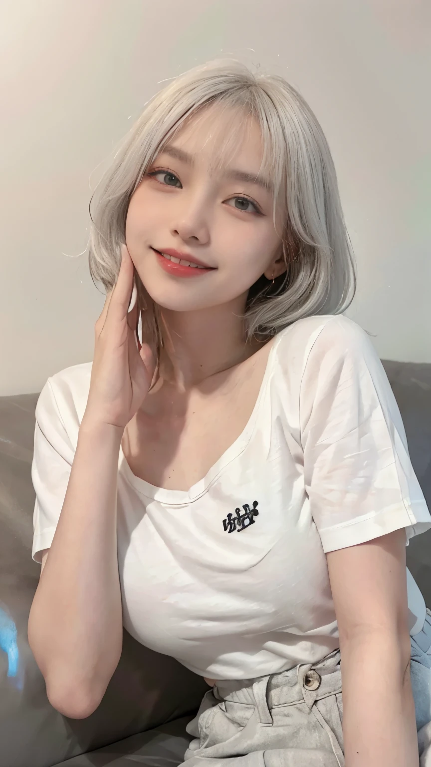 Best image quality、RAW Photos、超A high resolution、21 year old Korean、Small 、Small breastsc Angle、Cowboy Shot、Chaos in its most beautiful form、elegant、Brutalist Design、Beautiful white hair、Vibrant colors、Short Bob、smile、fun、smile、Glowing White Skin、Beautiful eyes with random colors、Very thin lips、Beautiful eyes in every detail、length, Narrow eyes、Pale pink blush、length eyelashes、Beautiful double eyelids、eye shadow、Bright white hair、sofa、Large short-sleeved shirt、Transparent top、See-through、hot pants、sleep、Lie、仰向けにsleep、Full Body Shot、Full Body Shotする、Hand gestures