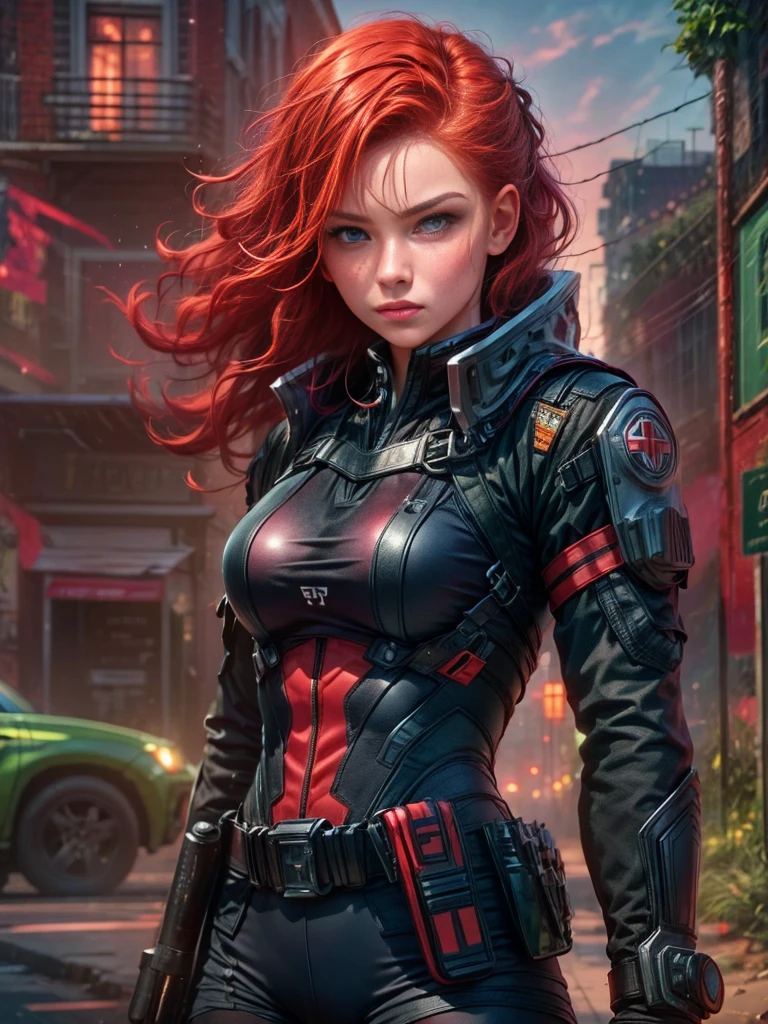 A young red-haired female character，Wearing a black tight combat suit，The belt is full of small tools，She strikes a vigorous fighting stance，Always ready for any challenge，She stands in front of a suburban background，This is a typical quiet neighborhood.，Her eyes were filled with determination.，Reflecting her fearless nature