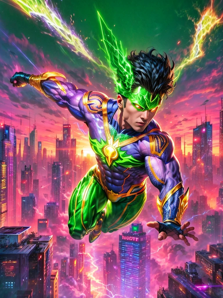 Imagine a superhero with a diverse array of powers. This superhero has a shiny green suit emblazoned with a golden lightning bolt symbol. Their helmet is designed with sleek wings on both sides. The superhero is Asian male with muscular build. He has laser-beaming eyes, and his hands glow as if he can release energy blasts. Besides these, he also has the ability to fly and possesses super-human strength. An iconic visual element is the large, elaborate cape flowing behind him. The background is a bustling metropolitan cityscape at dusk with skyscrapers reach into the purple and orange evening sky.