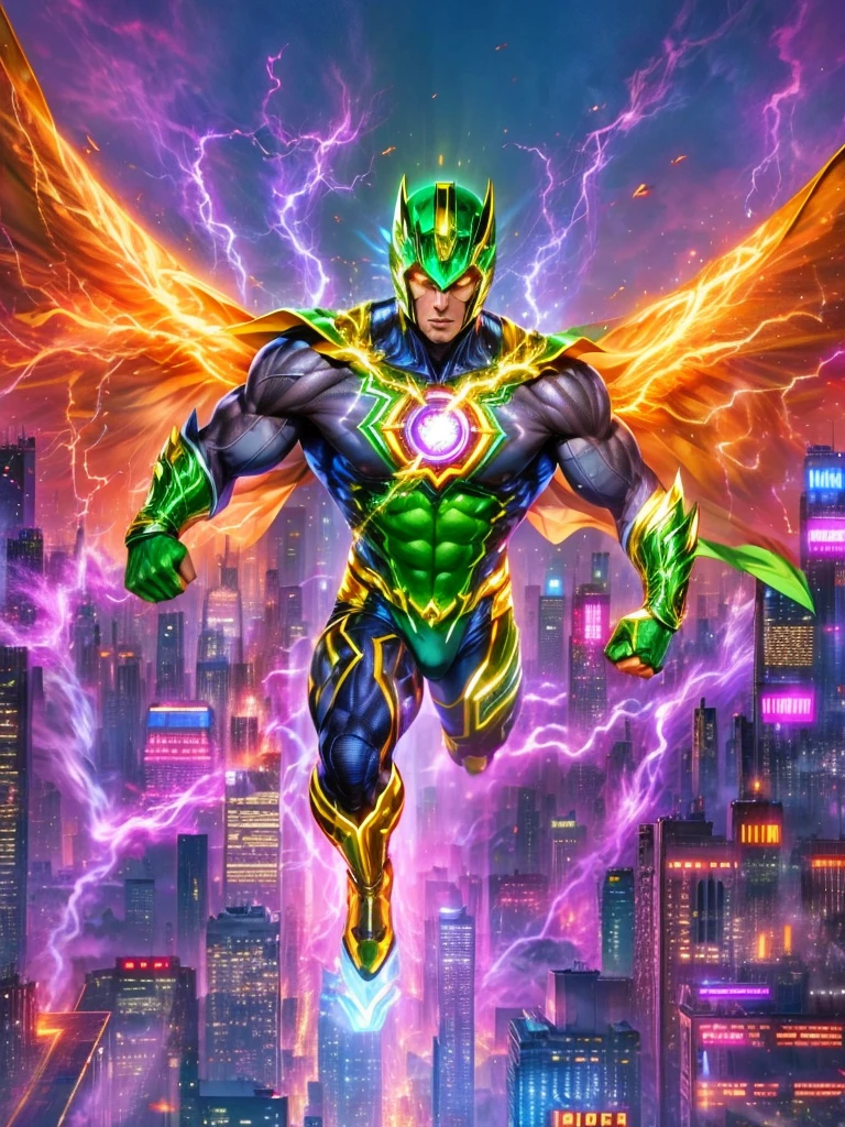 Imagine a superhero with a diverse array of powers. This superhero has a shiny green suit emblazoned with a golden lightning bolt symbol. Their helmet is designed with sleek wings on both sides. The superhero is Asian male with muscular build. He has laser-beaming eyes, and his hands glow as if he can release energy blasts. Besides these, he also has the ability to fly and possesses super-human strength. An iconic visual element is the large, elaborate cape flowing behind him. The background is a bustling metropolitan cityscape at dusk with skyscrapers reach into the purple and orange evening sky.