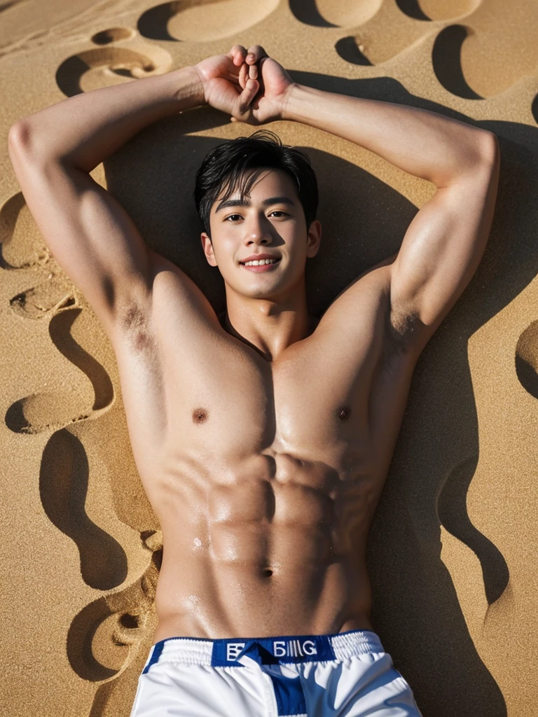 ung man, age 18, Opposite 3, (Masterpiece, Excellent quality, high resolution, 8ก, complex: 1.2), (detailed face: 1.2), (thong brief), (shirtless, topless), pubes, Very handsome, Wavy abdominal muscles, Abdominal hair, Beautiful skin, short hair, Lying on the sand on the beach, Lift your legs up and spread them apart, The body was wet. There were water droplets on the body, Focus Man, (realistic)), good lighting quality, delicate body, Idol, ((Pale skin)), bend, balanced eyes, brown eyes, smile, white teeth, smooth hair, The crotch of the pants is tight. (big penis).