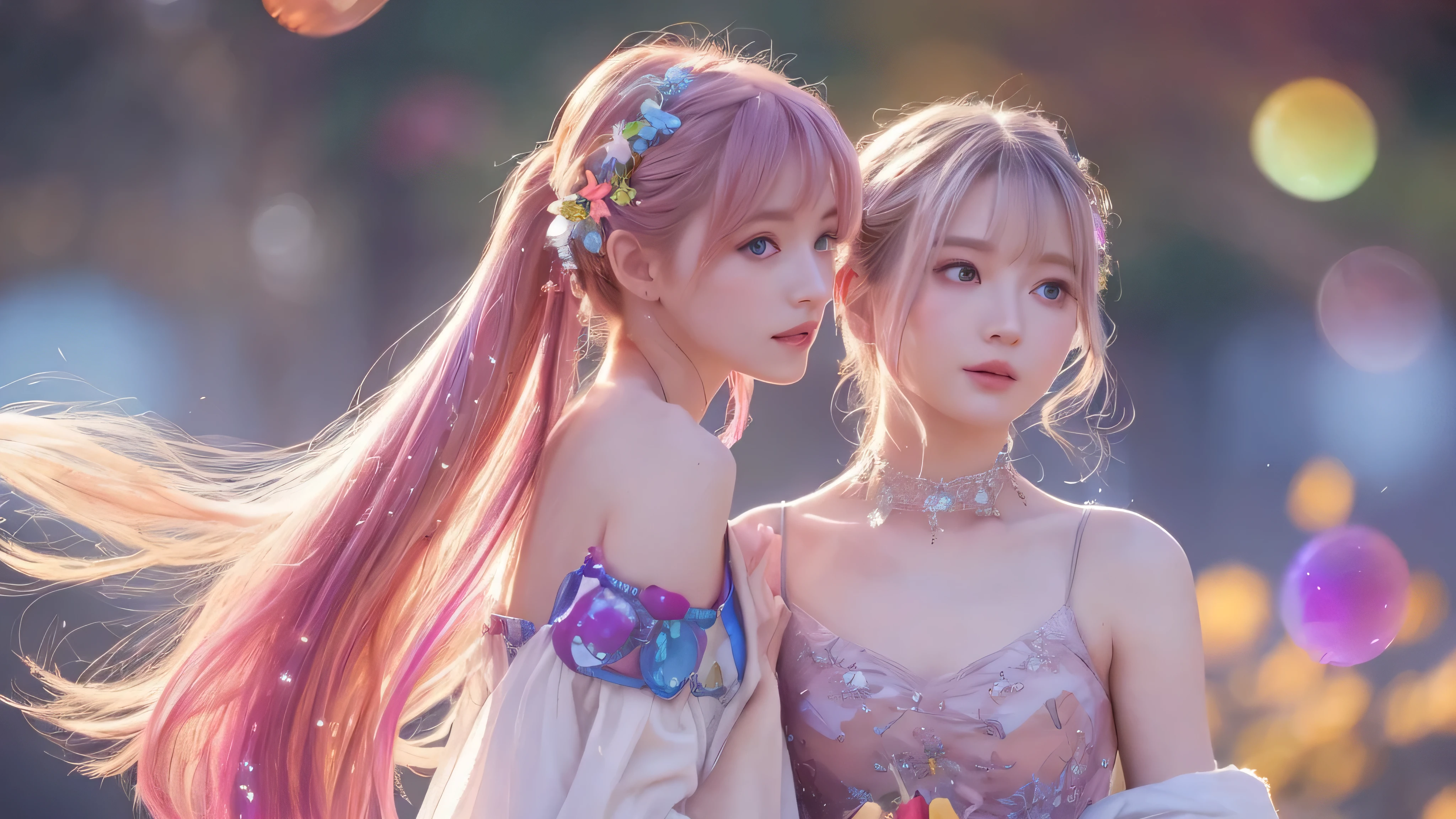 (masterpiece), (highest quality), (Very detailed), (Dirty Hair), (figure), (1 girl) (Long Pink Hair 1.5) (blue eyes) (Double Ponytail 2.0), ((((No shoulders))),Hanfu, (Looking at the audience, (interview), (Simple Background), Beautiful and delicate eyes, Delicate and beautiful face, Soar (High chroma), (Colorful Sparkling), Colorful bubbles, (Sparkling), Facial accents, Perfect NwsjMajic, Conservative dress, Shoulder less, Autumn Clothes, Facing the Public, Perfect figure,