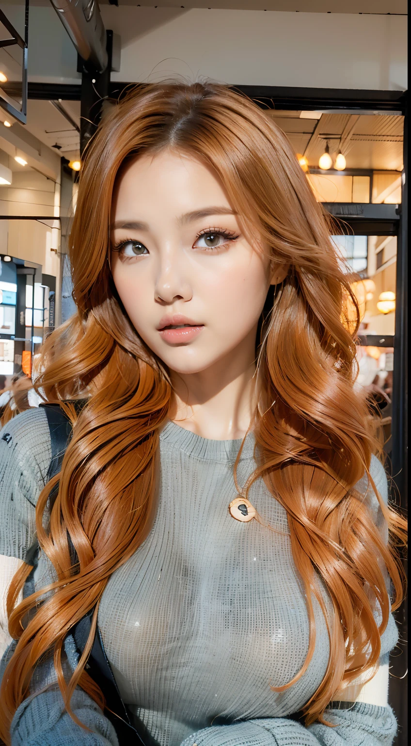 Araped woman with long red hair and gray sweater, flowing ginger hair, ginger wavy hair, Works inspired by Russell Lu Dongjun, She has long hair and dyed her hair again, long orange wavy hair, long strawberry-blonde hair, realistic. Cheng Yi, rust colored long hair, orange flowing hair, kawaii realistic portrait, inspired by Taiyō Matsumoto