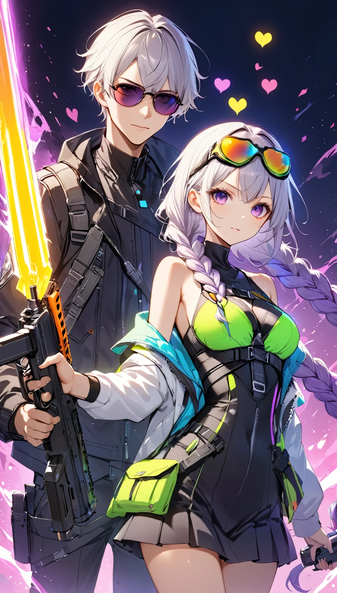 1boy,1girl,assault rifle,bare shoulders,braid,braided ponytail,breasts,
energy sword,goggles,gun,handgun,heart,holding,holding gun,
holding weapon,jacket,
long braid,
long hair,mask,multicolored hair,purple eyes,rifle,silver hair,single braid,sunglasses,
tinted eyewear,
twin braids,very long hair,weapon，Neon color scheme，Fluorescence，Bright colors