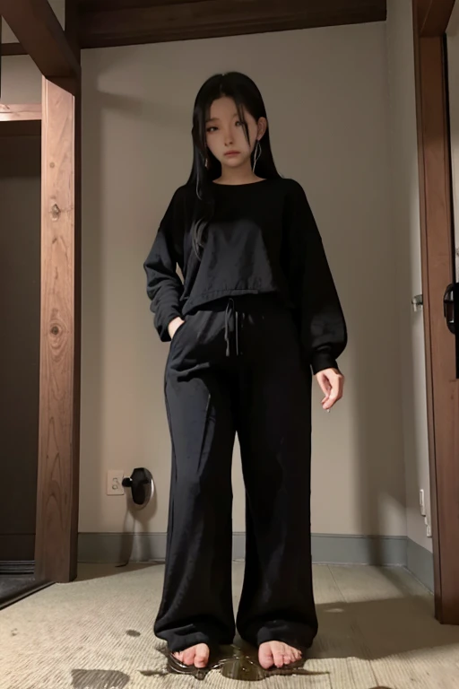Japanese Girl sees the ghost and pees her black palazzo pants until her pants are wet in fright.