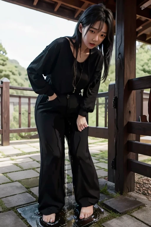 Japanese Girl sees the ghost and pees her black palazzo pants until her pants are wet in fright.