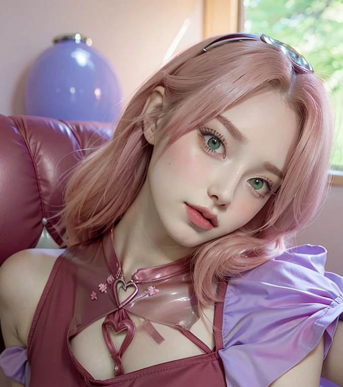 young woman, short shoulder-length pink hair, wide forehead, porcelain skin, pink eyebrows, big emerald green eyes, buttoned nose, full lips, heart-shaped face, slender body, small breasts, red tank top, Sakura Haruno , realistic, realism, details, 3d, well detailed