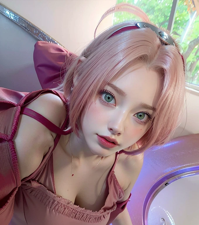 young woman, short shoulder-length pink hair, wide forehead, porcelain skin, pink eyebrows, big emerald green eyes, buttoned nose, full lips, heart-shaped face, slender body, small breasts, red tank top, Sakura Haruno , realistic, realism, details, 3d, well detailed