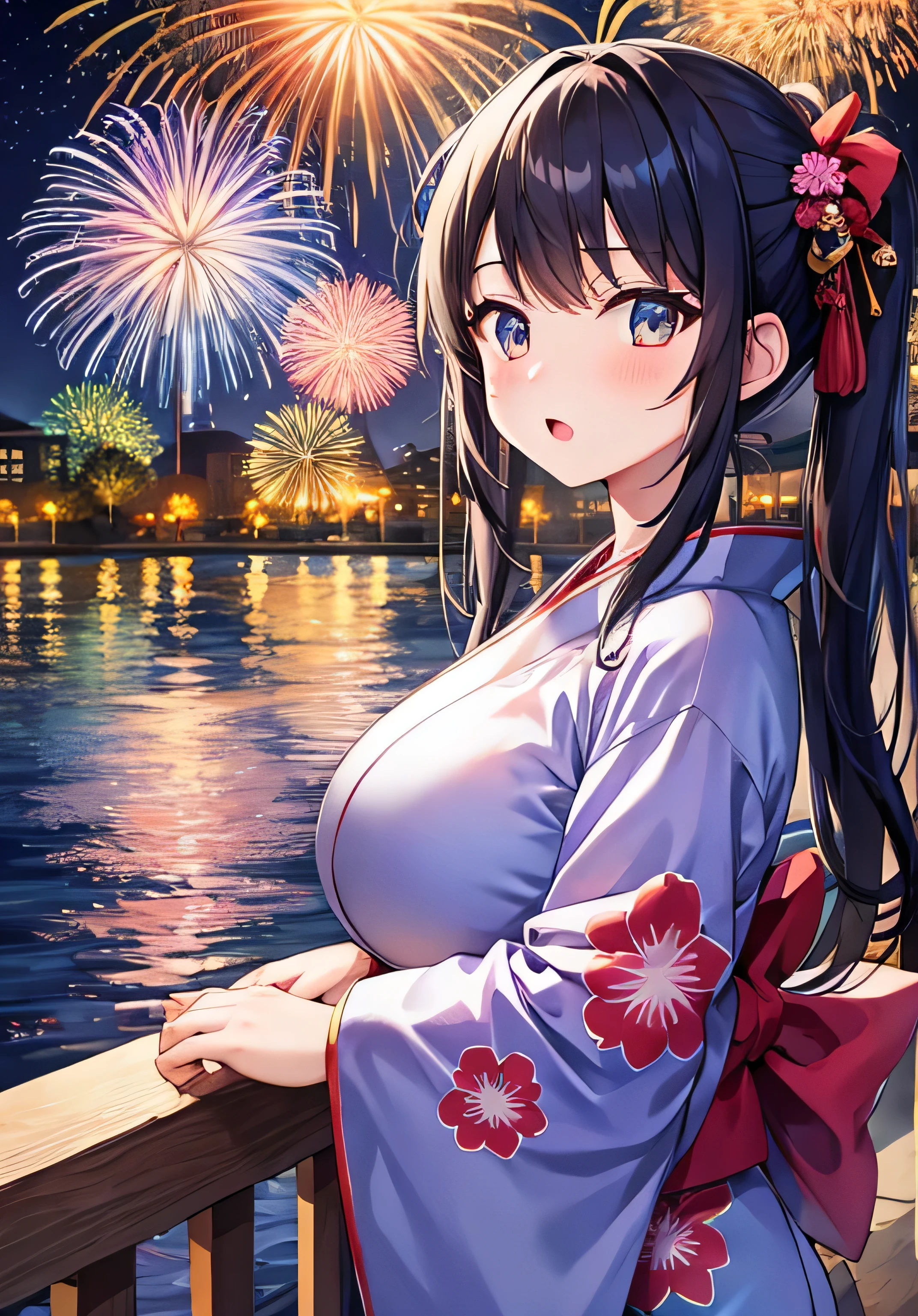 masterpiece、Highest quality、Ultra-high resolution、age girl with big breasts、twin tail hairstyle、black hair、Red face、shyly、open your mouth just a little、kimono、fireworks、at night time