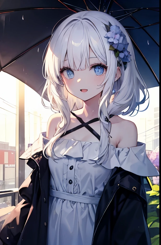 Masutepiece, Highest Quality, (Perfect face:1.1), (high detailing:1.1), (ultradetailed eyes), Dramatic,superfine illustration,Extremely detailed,1girl in,ager,(pale skin),(long white hair:1.4),Ethereal eyes,Blue eyes, With eyes highlights,Solo,Smile,Happy,Laugh,Enjoy, Open mouth,Pouty lips,Cinematic lighting, Cowboy Shot,whitedress, off shoulder,outdoor,rainy, hydrangea