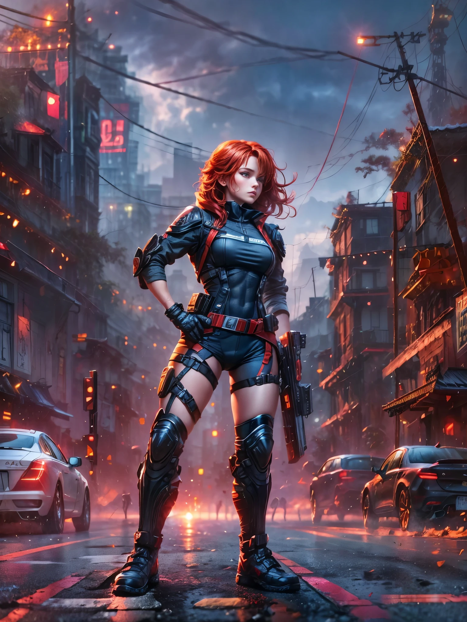 A young red-haired female character,Wearing a black tight combat suit,The belt is full of small tools,She strikes a vigorous fighting stance,Always ready for any challenge,She stands in front of a suburban background,This is a typical quiet neighborhood.,Her eyes were filled with determination.,Reflecting her fearless nature