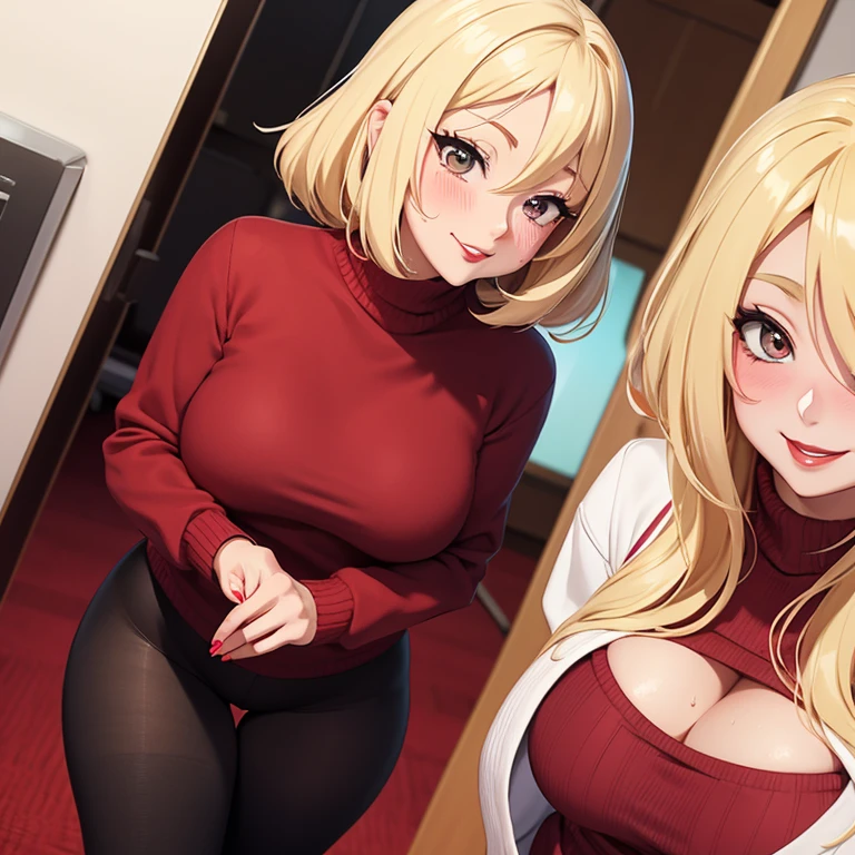 anime、30-year-old woman１people、sweater，Absolute area，POV，Blushing，Red lips，Sexy，smile、Sweat、lure、Sexyポーズ、Blonde、tights、アメリカpeople、MILF