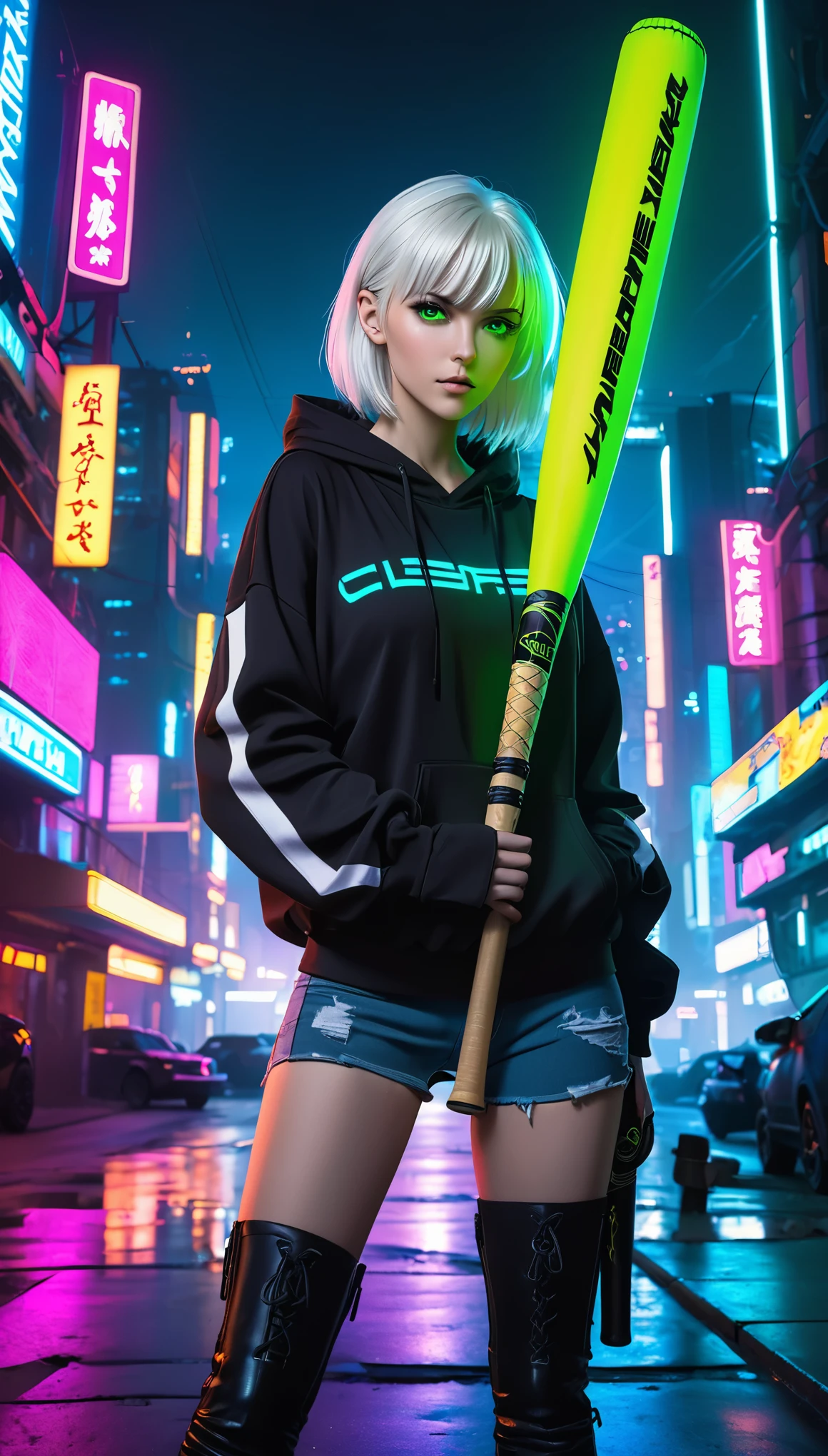 White hair, green eyes, female, wearing a tight light hoodie, skinny jeans, cyberpunk background, distant city, light pollution, light pollution, neon lights, in the wilderness, sexy figure, black knee-high boots, night, baseball bat in hand, baseball bat carried on the shoulder