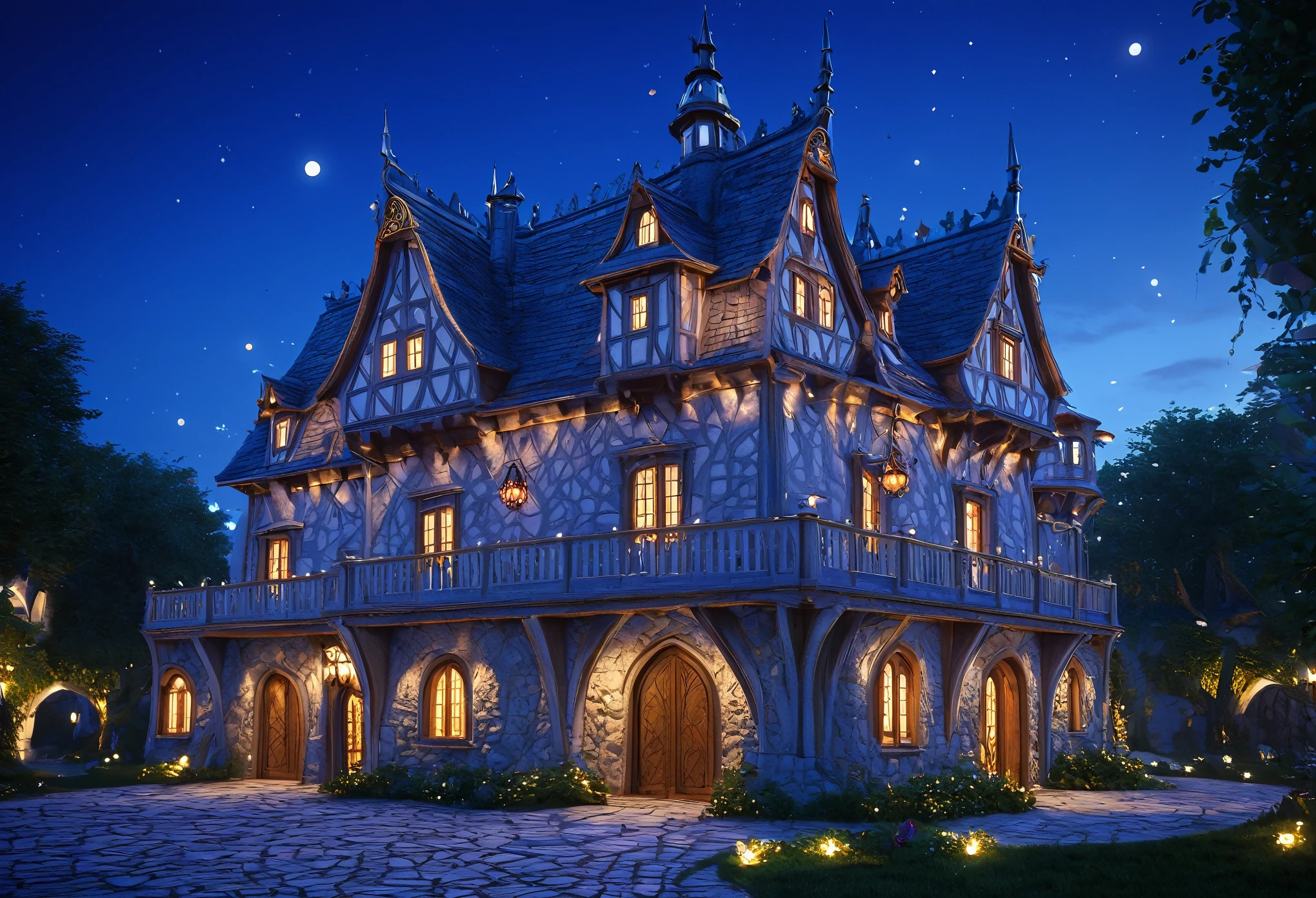 There is a very beautiful house with many lights., fantasy house, Beautiful depiction of a fairy tale, realistic fantasy render, stuning Fantasy 3D Rendering, Fantasy architecture, Beautifully detailed fantasy, magic Fantasy Highly detailed, Medieval fantasy town, Fantasy 3D Rendering, Fantasy Highly detailed, Fairey Palace, (Octane Rendering) Fantasy Style