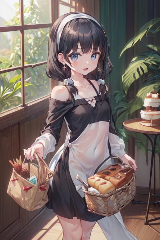 (perky chest:1.2), (pointed chest:1.2),(((Black Tunic:1.3))),(((cakes and bread in the basket),Cute and beautiful girl,Cute round face,Cute smile,with blush cheeks,Red Lip,solo, looking at viewer, open mouth, have a cute grass of cute beergrass,black hair, dark green eyes, dress, bare shoulders, jewelry, collarbone, sidelocks, hairband, earrings, indoors, off shoulder, sweater, arms behind back, plant, short hair with long locks, gild hairband, off-shoulder dress, sweater dress, off-shoulder sweater, black sweater, dark gord hair, big side hair, very long side hair,is rendered in (masterpiece: 1.2, best quality), with (ultra high resolution) and an exquisite (depth of field),(Bangs are see-through bangs),hair pin,hair adornments,detailed clothes features,Detailed hair features,detailed facial features,(Dynamic angles),(Dynamic and sexy poses),Cinematic Light,(masutepiece,top-quality,Ultra-high resolution) ,(The 8k quality,Anatomically accurate facial structure,),(Sea Art 2 Mode:1.3),(Image Mode Ultra HD) ,(Hold a coffee in your hand:1.3),delicate beautiful face, Bright blue eyes, cute eyes, sparkling eyes, Big eyes, (perky chest:1.1), (pointed chest:1.3), looking at viewer,