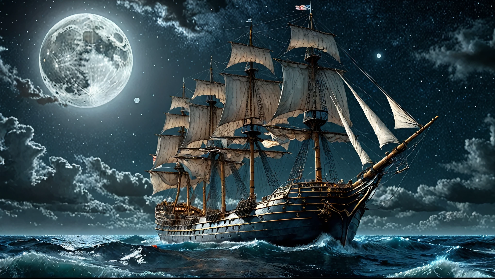more Upscale the ship,Big ship, Large sail, Starry sky, Moon, Brave, Amidst chaos, Sea, Night, Blue, Fantastical,many details, extreme detailed, full of details, Wide range of colors. Many details everywhere. soft shadows. Low saturation colors. Insane quality. Insane resolution. Insane details. Masterpiece. 32k resolution. Dramatic,Dynamic,Cinematic,Sharp details