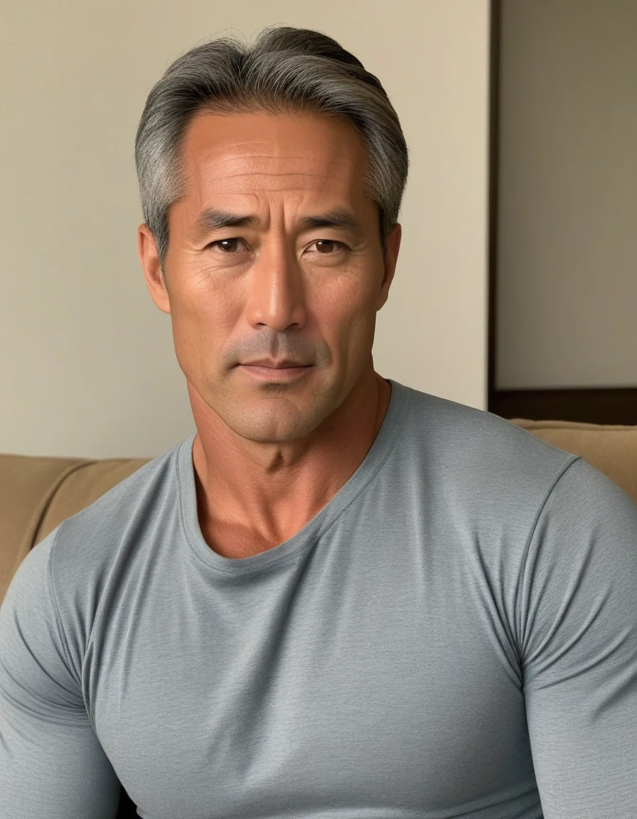 1man, japanese dilf, physical teacher, 40yo, big nose, gray hair, tanned skin, forehead, handsome, masculine, square face, middle-muscular, stocky waist, middle-large eyes, japanese like don johnson, BREAK solo, simple shirt, sitting on sofa, wideshot, interview scene, upperbody, 8k, sharp focus, extreme all detailed