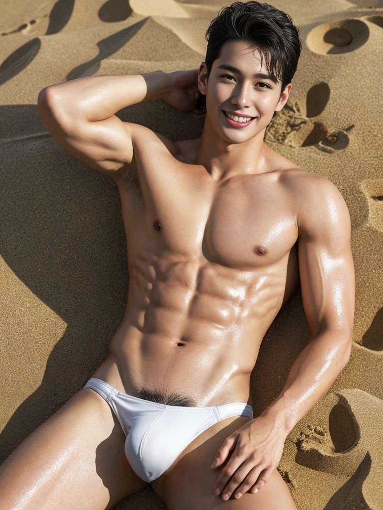 ung man, age 18, Opposite 3, (Masterpiece, Excellent quality, high resolution, 8ก, complex: 1.2), (detailed face: 1.2), (bikini thong), (shirtless, topless), pubes, lifted arms, Very handsome, Wavy abdominal muscles, Abdominal hair, Beautiful skin, short hair, Lying on the sand on the beach, Lift your legs up and spread them apart, The body was wet. There were water droplets on the body, Focus Man, (realistic)), good lighting quality, delicate body, Idol, ((Pale skin)), bend, balanced eyes, brown eyes, smile, white teeth, smooth hair, The crotch of the pants is tight. (big penis).