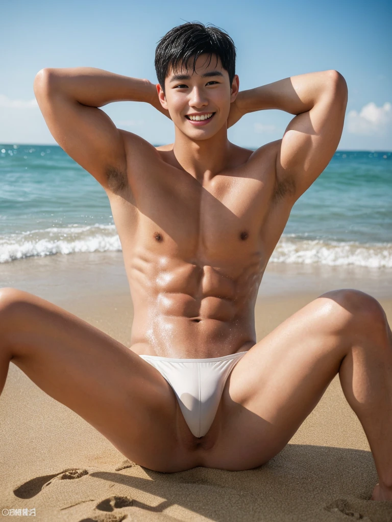ung man, age 18, Opposite 3, (Masterpiece, Excellent quality, high resolution, 8ก, complex: 1.2), (detailed face: 1.2), (bikini thong), (shirtless, topless), pubes, lifted arms, Very handsome, Wavy abdominal muscles, Abdominal hair, Beautiful skin, short hair, Lying on the sand on the beach, Lift your legs up and spread them apart, The body was wet. There were water droplets on the body, Focus Man, (realistic)), good lighting quality, delicate body, Idol, ((Pale skin)), bend, balanced eyes, brown eyes, smile, white teeth, smooth hair, The crotch of the pants is tight. (big penis).