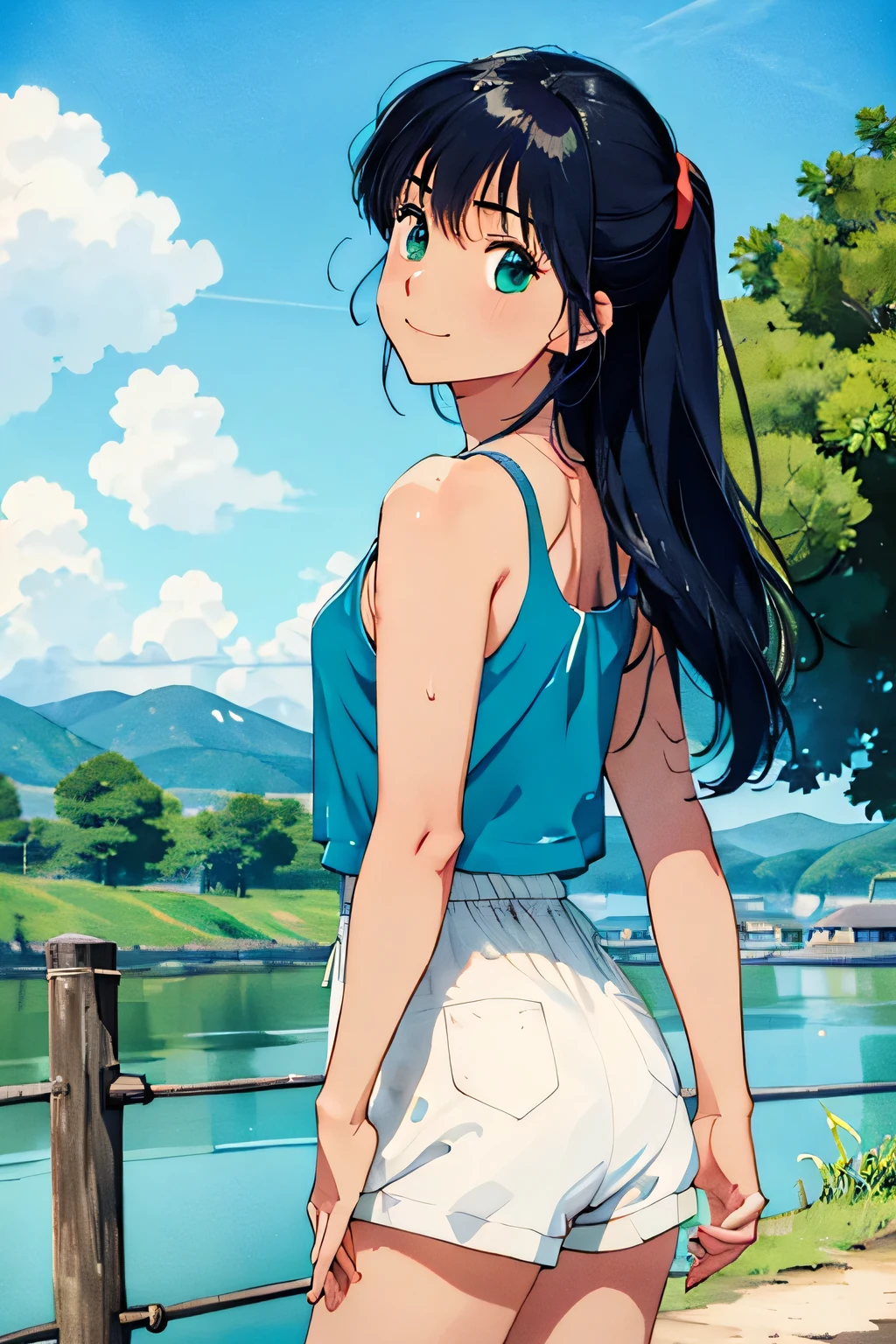 Summer in Japan、Nostalgic、cute、Solo Girl、blue sky、Large Entrance Clouds、Green Mountain、Back view、Realistic background、White tank top、Blue shorts、The person is small、countryside、Look Up、Stretching oneself、sun、smile、Contrail、Sweat dripping、
