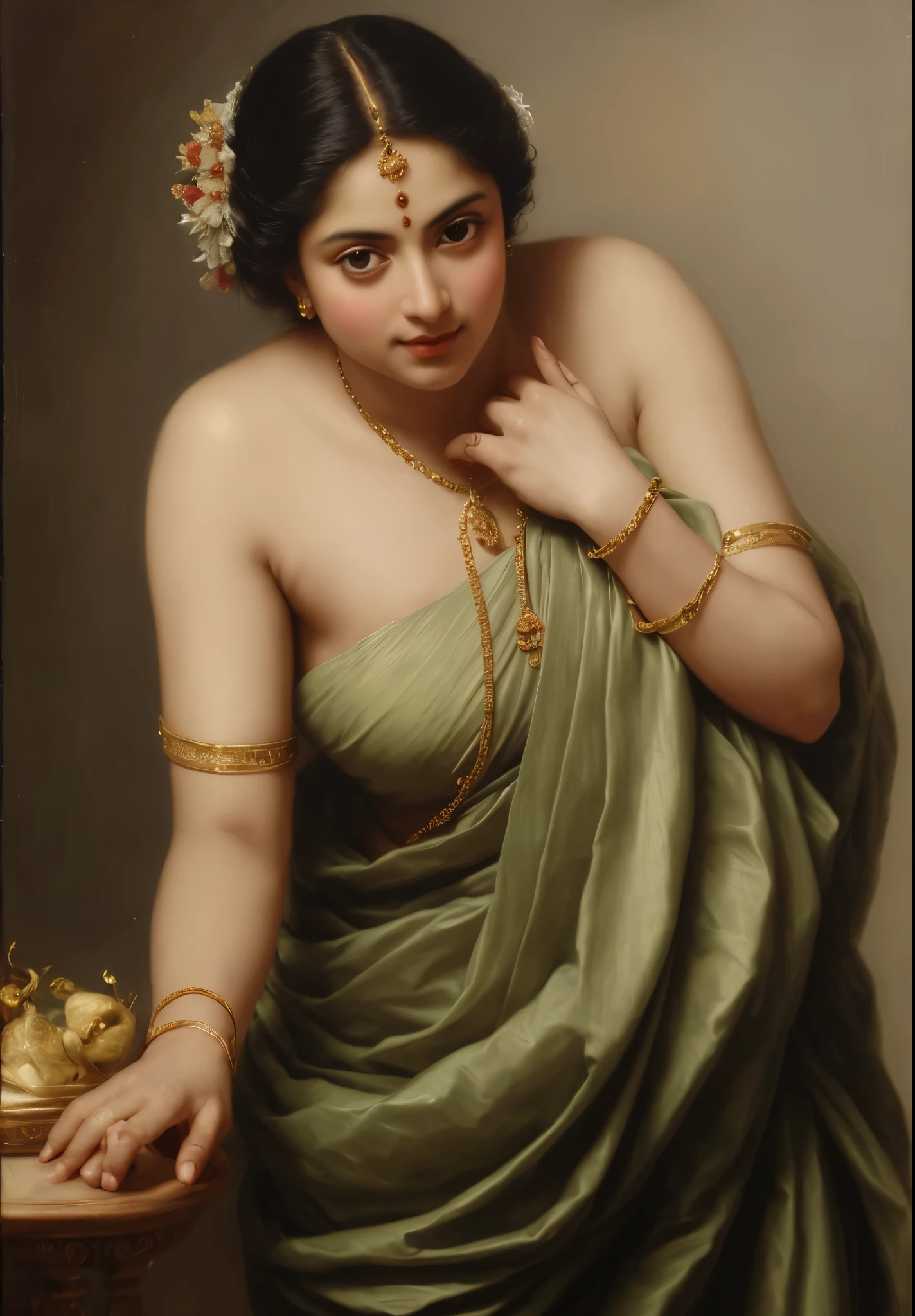 Beautiful Indian Woman, wearing saree, sari Beauty, gorgeous, Apsara, Maharani, royal queen woman, nymph from Hindu Mythology, Urvashi, matchless beauty, Highly detailed, Oil Painting by Peter Paul Rubens inspired by Raja Ravi Varma, Matchless beauty, captivating, gorgeous, heavenly beauty, celestial beauty, by Peter Paul Rubens, 13, realistic, hyper realistic, micro details, incredible artwork, insane details, ultra High resolution, 8k, 32k, acrylic on canvas, intricate, flawless, detailed, detailed face, detailed eyes, masterpiece, by Peter Paul Rubens, by Caravaggio, by William Adolphe bouguereau, perfect face, perfect body, beautiful art, realism, baroque, renaissance Art, highly textured, beautiful and detailed eyes, uhd, best quality,
