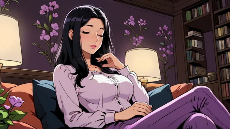 Beautiful woman in her 30s with black hair is sitting on the sofa with her eyes closed. Looking down, eyes closed, LOFI girl, alone in the room, blouse, cozy wallpaper, big cushion, bookshelf, beautiful flowers, relaxing mood, night core, cozy, wide glass window with skyscrapers, outside view at night, only five fingers, dark room, purple wall, Well-proportioned face