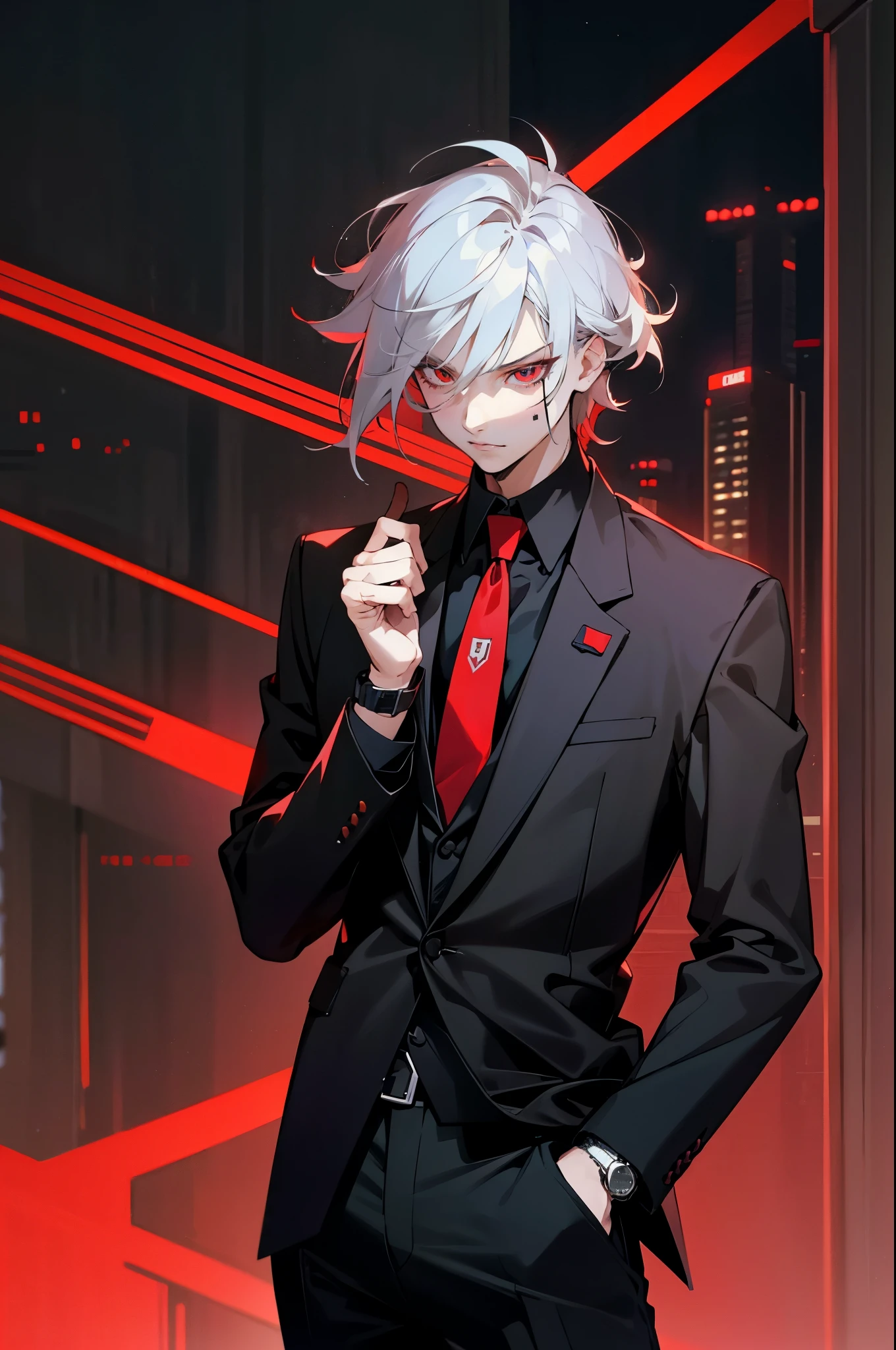 1male, Adult, Silver Hair, Short Hair, Black Suit, Red Tie, Red Eyes, Perfect Generation, Perfect Eyes, Black Pants, Fancy Watch, Cybepunk Facial Implant, City, Night Time, Messy Hair, Serious Face