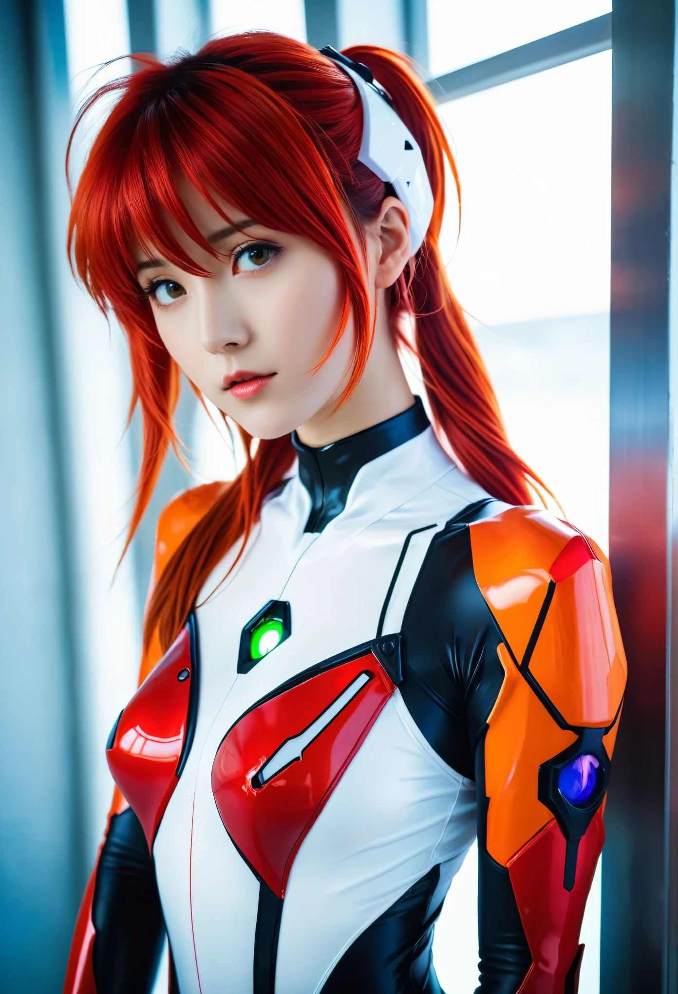 neon genesis evangelion cosplay, asuka in white bodysuit with red and black details, photorealistic, cinematic, in the style of photorealistic