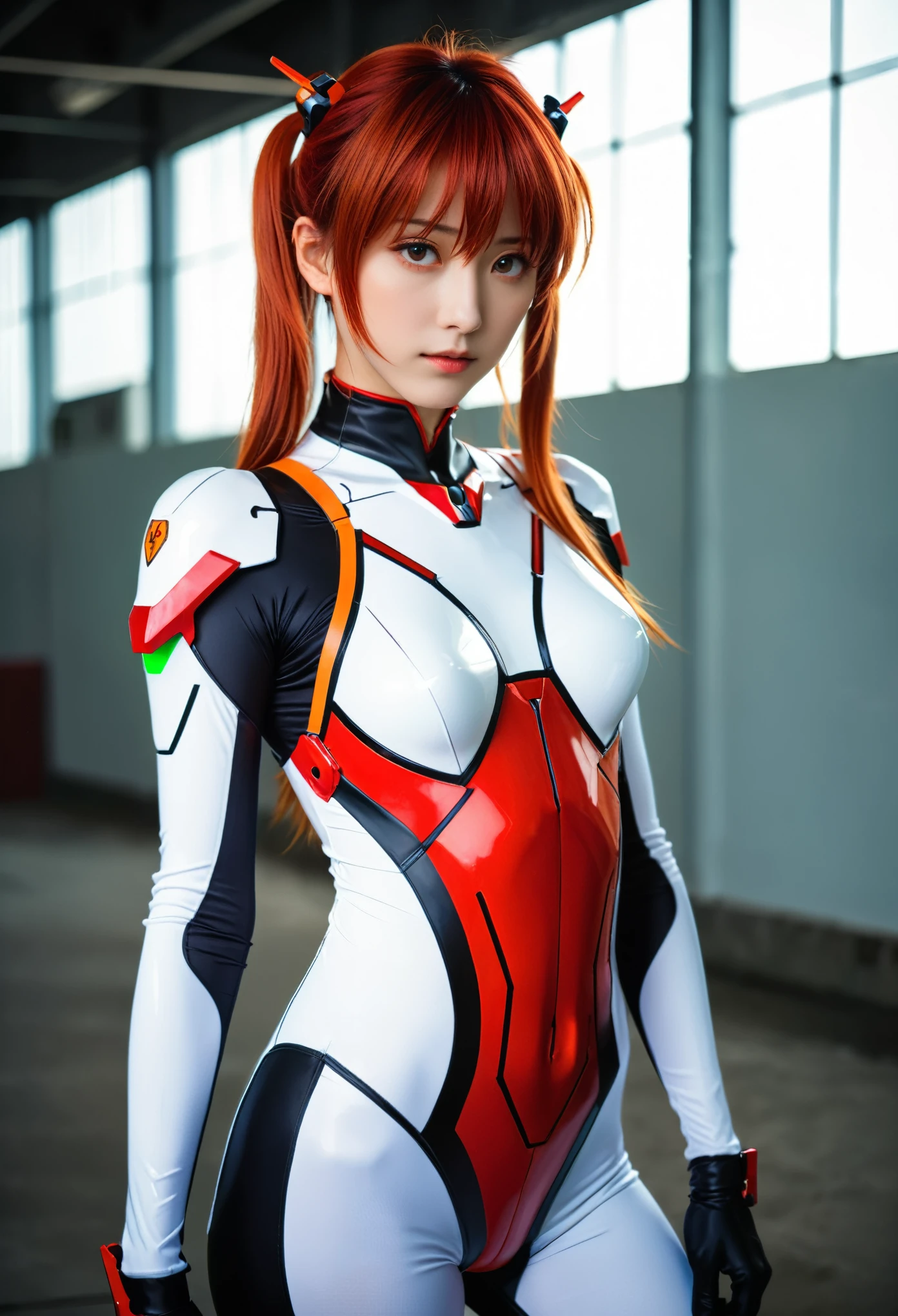 neon genesis evangelion cosplay, asuka in white bodysuit with red and black details, photorealistic, cinematic, in the style of photorealistic