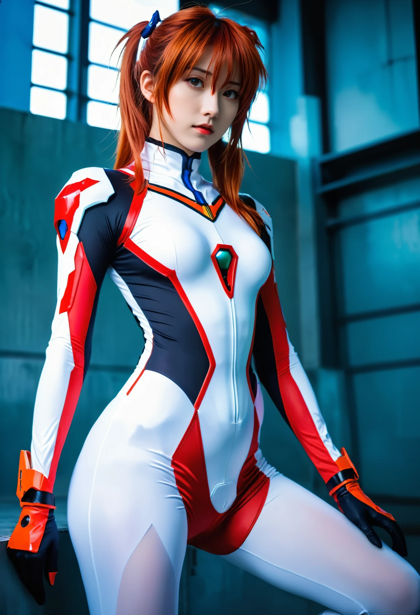 neon genesis evangelion cosplay, asuka in white bodysuit with red and black details, photorealistic, cinematic, in the style of photorealistic