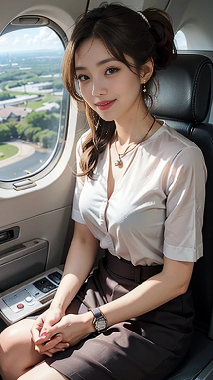 highest quality, Realistic, Very detailed, finely, High resolution, 8k wallpaper, Beautiful woman,, Light brown ponytail hair, stewardess, Perfect dynamic composition, finelyて美しい目, Realistic , smile, Model Body Type、Earrings,garnet necklace,(Wearing a watch 1),Beautiful feet,Sitting in an airplane seat、talk、Chatting,Full Body Shot:1.3,Smile and laugh,