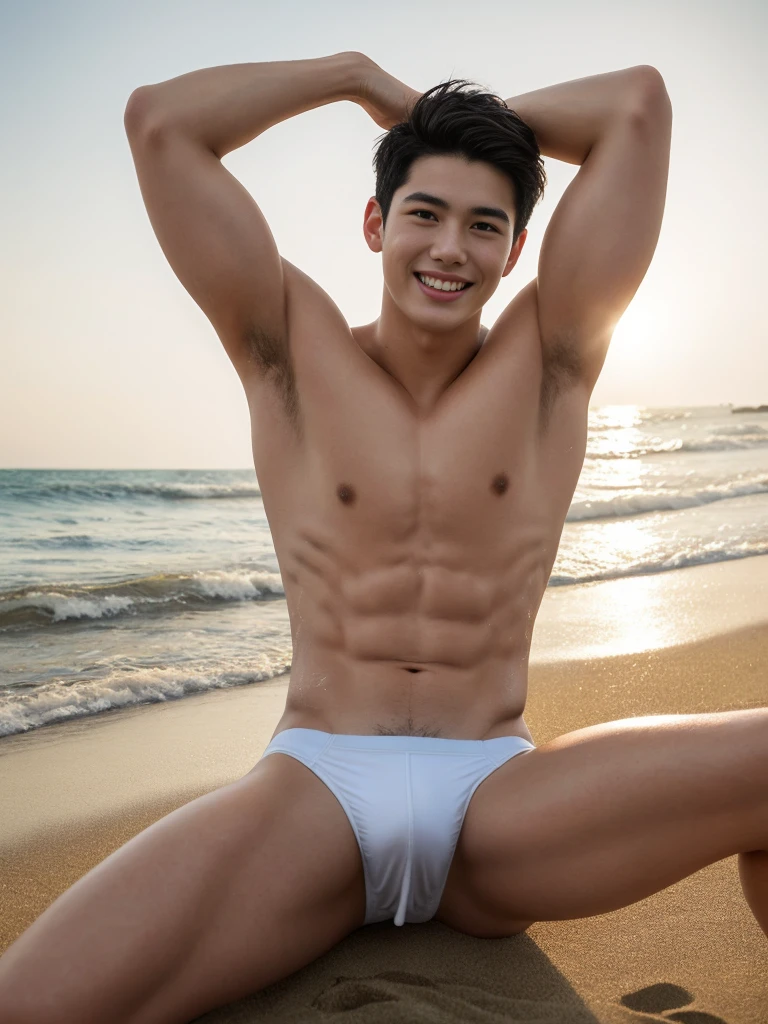 ung man, age 18, Opposite 3, (Masterpiece, Excellent quality, high resolution, 8ก, complex: 1.2), (detailed face: 1.2), (bikini thong), (shirtless, topless), pubes, lifted arms, Very handsome, Wavy abdominal muscles, Abdominal hair, Beautiful skin, short hair, Lying on the sand on the beach, Lift your legs up and spread them apart, The body was wet. There were water droplets on the body, Focus Man, (realistic)), good lighting quality, delicate body, Idol, ((Pale skin)), bend, balanced eyes, brown eyes, smile, white teeth, smooth hair, The crotch of the pants is tight. (big penis).