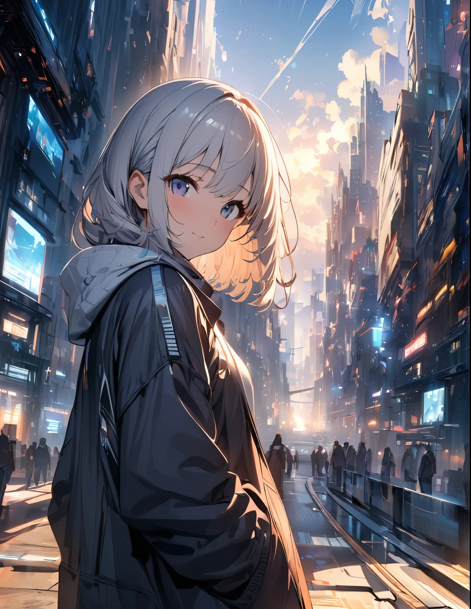 (anime)、(masterpiece:1.2),atmospheric perspective,lens flare、(Ultra-wide background with a focus on the girl)、Futuristic City、Girl standing on the roof、SF,(Close up of a girl)、Light production