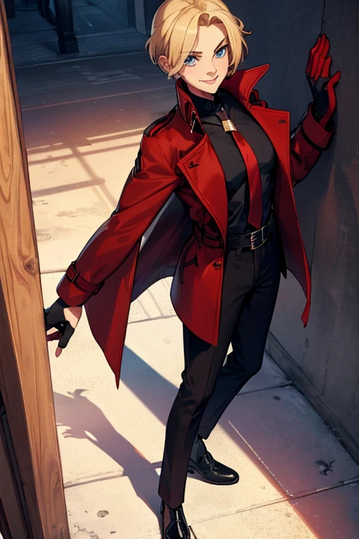male, blonde short hair, blue eyes, trimmed goatee, (((1girl))), (((red trench coat))), (white dress shirt), (black tie), (red pants), (black shoes), (black fingerless gloves), long legs, smiling