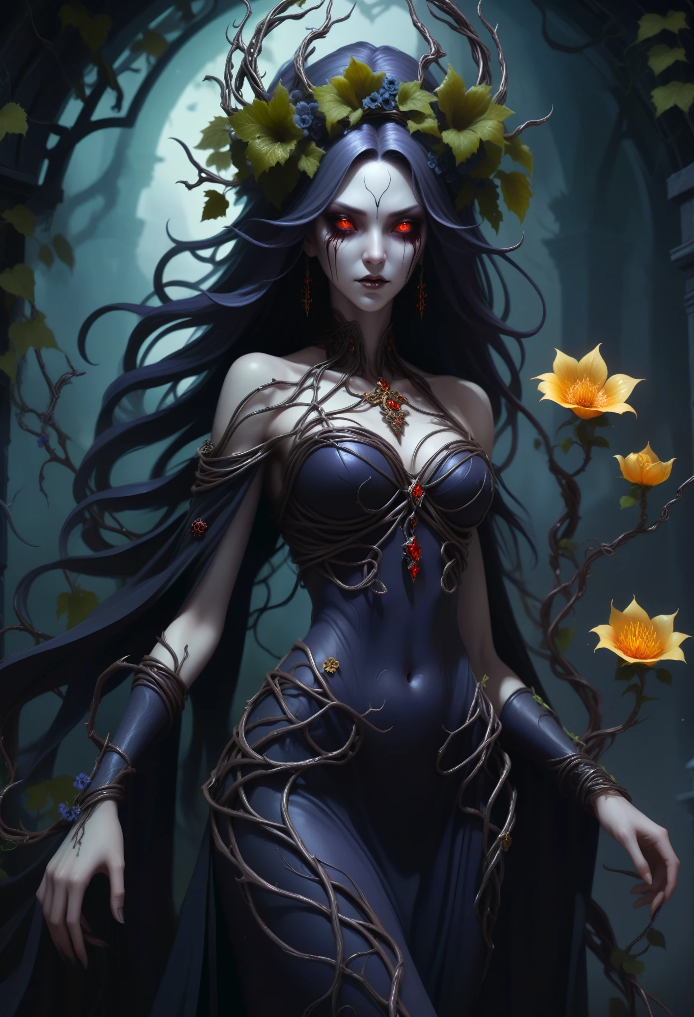 The Sorceress Girl, whose body is made of vines, witch plant，Grape Queen，Witch of Thorns，Vines are woven into a sculpture of a girl，vines, woven into clothes，(Сумасшедшие vines, intricate:1.3)，(Licorice close up:1.5)，The flower on that shore is charming，Mysterious Manzhu Shahua，Bloody Ghost Flowers blooming at the gate of hell，Leading the soul to the afterlife，Evil Charm，flirty，Great，witch vomloy iron flower，A sorceress is woven from floating vines.,The magical girl has iron flowers on her head.，heavy metal style，Metal art，iron flower，iron sheet，Full metallic shine，Metal texture in the post-industrial era，Crafts made from twisted alloy wire，Golden flowers，iron flower，Silver flower，metal tree branch，crystal pendant，Emerald inlay，Well-built，Perfect Craftsmanship，Magic lightning background，blue lightning，There are fairies，dark fantasy art, Dark Flower Shaman, concept art темного фэнтези, concept art, blood-borne, темный concept art, Bloody Ghost Flower, Цифровой concept art Diablo, Dark Fantasy Art Style, Dark flowers, 🌺 Computer Graphics Association, bloody art, the masterpiece，art stations，ultra-realistic realism，witch plant，Grape Queen，Witch of Thorns，photorealistic темный concept art, Concept film, Reuven Tan，painting of a woman, плетущей vines, facing the devil, Goddess of death, Author：Heroes, beautiful goddess of death, beautiful elegant demon queen, dark fantasy art, portrait of death, onmyoji detailed art, Persephone as the Goddess of death, handsome necromancer, Sinister fantasy illustration