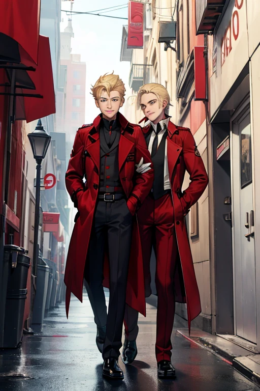 male, blonde short hair, blue eyes, trimmed goatee, (((1boy))), (((red trench coat))), (white dress shirt), (black tie), (red pants), (black shoes), (black fingerless gloves), long legs, smiling