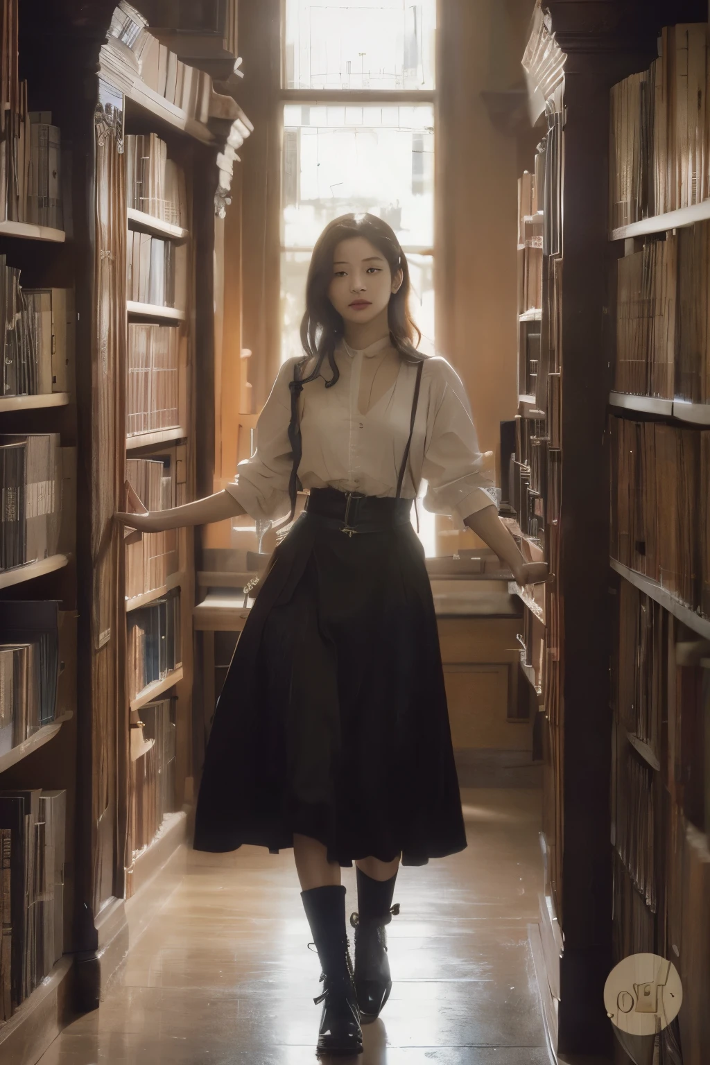 arafed woman in a library with bookshelves and a window, the librarian, bae suzy, wearing 10s era clothes, in a gloomy library, librarian, dark academia, victorian style costume, mid shot portrait, classical witch, blackpink jennie, standing inside a magic library, dark academia aesthetics, cinematic outfit photo, victorian inspired clothing