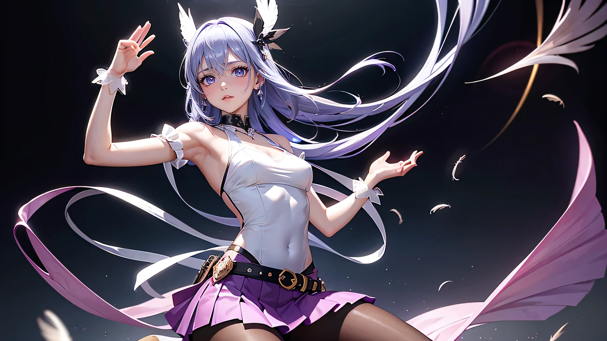 masterpiece,Best quality,Ultra-high resolution,Super rich detail,High-quality characters,High contrast,Exquisite facial features,4k,8k,Detailed light and shadow,Cool light source,Cool handsome type,Future science fiction style,side,Close Range,Gradient hair,Dark medium-length hair,Hair accessories,Kneel down,Arms raised,Show your collarbones and armpits,Tight-fitting short sleeves,Glowing Emblem on Belly,Shoulder Straps,Light colored outerwear,belt,Pleated short skirt,Purple Edge,Transparent bodycon dress,Black pantyhose(1.1),Delicate silver jewelry,Decoration,Transparent silk long gloves,earring,Handmade,Slightly blushing,Half dark wings,Interior background,Feathers falling beside me,Poker cards falling,Light purple red,