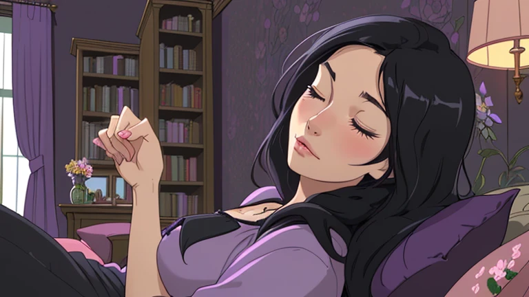 Beautiful woman in her 30s with black hair is sitting on the sofa with her eyes closed. Looking down, eyes closed, LOFI girl, alone in the room, blouse, cozy wallpaper, big cushion, bookshelf, beautiful flowers, relaxing mood, night core, cozy, wide glass window with skyscrapers, outside view at night, only five fingers, dark room, purple wall, Well-proportioned face