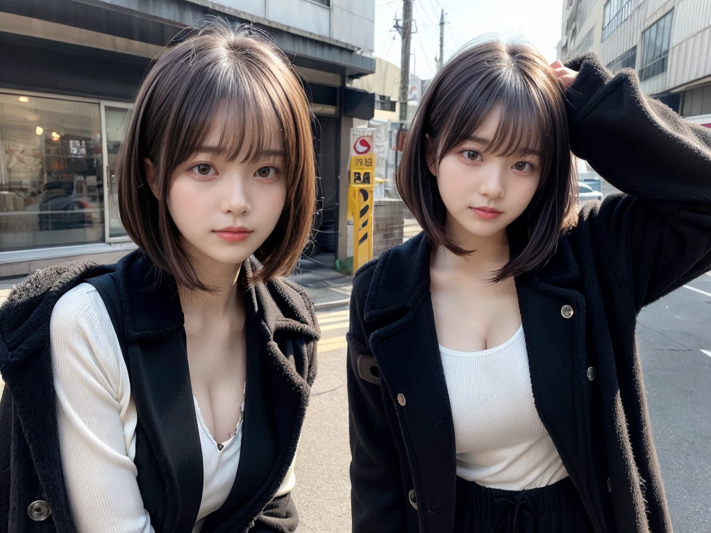With bangs,Beautiful black hair,Woman with straight medium bob cut,(1 girl),21-year-old female,(((No hat))),Aspacarina,((Shy expression)), large breasts, expresses the roundness and softness of your chest, Don't expose it,Very beautiful eyes, ,(((Wearing a tattered black coat))),,(make:1.4),Big eyes,Hip Hop Dancer,Gangster style long pants,8k,High resolution,Gangster style,(head shot:1.5)