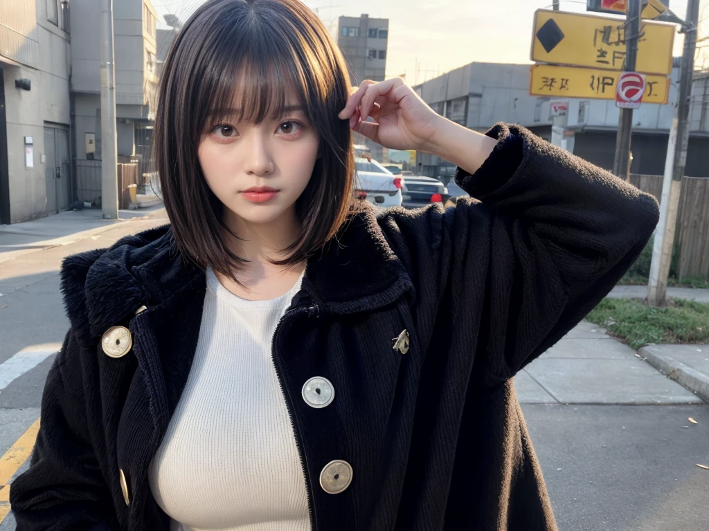 With bangs,Beautiful black hair,Woman with straight medium bob cut,(1 girl),21-year-old female,(((No hat))),Aspacarina,((Shy expression)), large breasts, expresses the roundness and softness of your chest, Don't expose it,Very beautiful eyes, ,(((Wearing a tattered black coat))),,(make:1.4),Big eyes,Hip Hop Dancer,Gangster style long pants,8k,High resolution,Gangster style,(head shot:1.5)