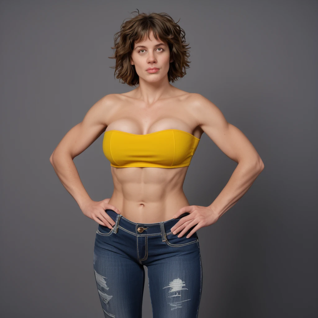 zPDXL2, zPDXLpg, zPDXLrl, A portrait photo of a 26-year-old influencer posing in her jeans and yellow strapless, as a backdrop looms behind her. This tanned stunner features a (well-defined hourglass silhouette), (bountiful perky breasts), graceful toned flesh, and a (choppy-messy bob).