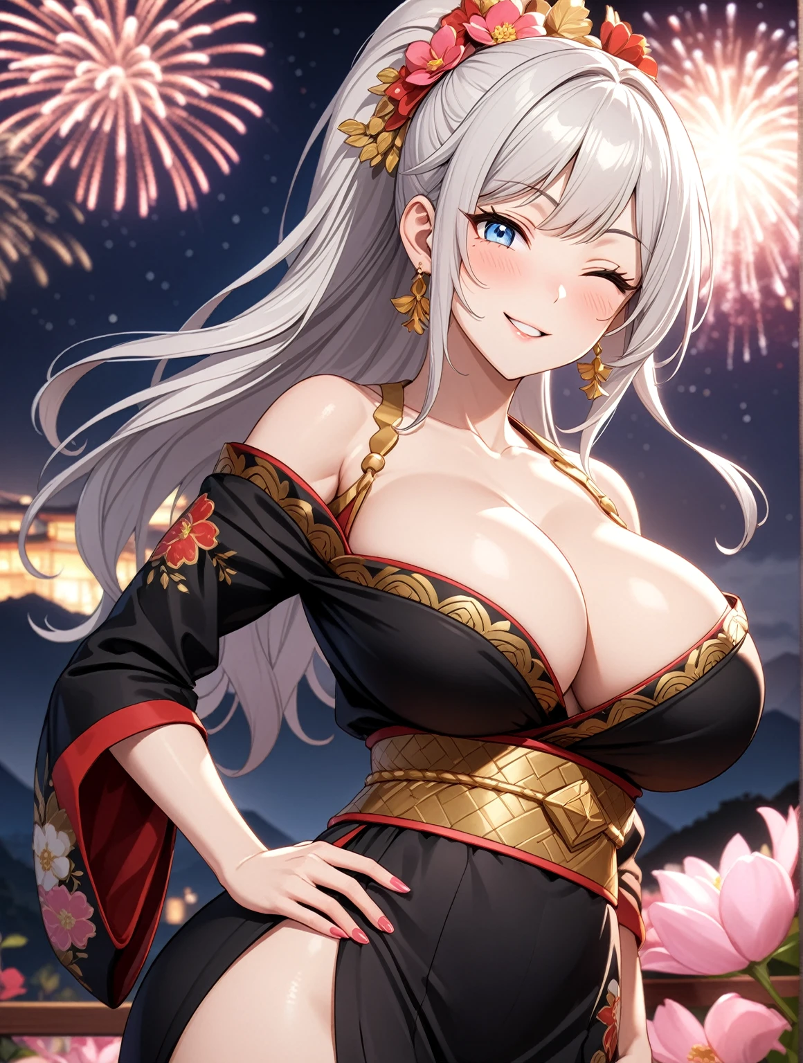 ((one personの女性)), Beautiful Face,Expressions of embarrassment and kindness,Laugh shyly,((Wink:2.0)),turn bright red,Glossy pink lips,night,Fireworks mountain((Anime style background)),masterpiece, highest quality, so beautiful, up to date, Complex details, (Pink long nails),AI-generated, Complex,High resolution, highest quality, super high quality,3D Images、View your audience、3D Images,one person,Long white hair,High Ponytail,blue eyes,Anime woman posing for a photo, [[fine grain、Colorful eyes、Shining Eyes:1.15]],(Squint your eyes:1.1),a hyperRealistic , hyperRealistic , Realistic,Long haired white haired anime woman, Smooth anime CG art, A woman in a colorful kimono with gold embroidery, (Black kimono),Red floral pattern,Long flower hair ornament,Big earrings,(Big Breasts:1.4),Mature Body,expensive,Big Ass,Fine details,Tight waist,Abdominal muscles,(Face close-up:1.4)