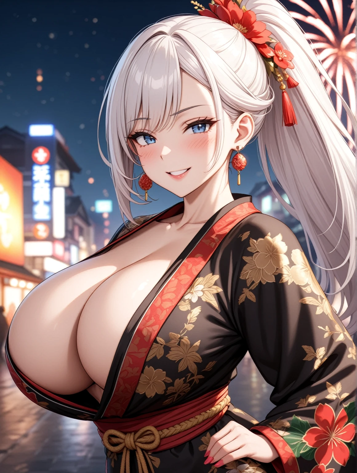 ((one personの女性)), Beautiful Face,Expressions of embarrassment and kindness,Laugh shyly,((Wink:2.0)),turn bright red,Glossy pink lips,night,Fireworks mountain((Anime style background)),masterpiece, highest quality, so beautiful, up to date, Complex details, (Pink long nails),AI-generated, Complex,High resolution, highest quality, super high quality,3D Images、View your audience、3D Images,one person,Long white hair,High Ponytail,blue eyes,Anime woman posing for a photo, [[fine grain、Colorful eyes、Shining Eyes:1.15]],(Squint your eyes:1.1),a hyperRealistic , hyperRealistic , Realistic,Long haired white haired anime woman, Smooth anime CG art, A woman in a colorful kimono with gold embroidery, (Black kimono),Red floral pattern,Long flower hair ornament,Big earrings,(Big Breasts:1.4),Mature Body,expensive,Big Ass,Fine details,Tight waist,Abdominal muscles,(Face close-up:1.4)